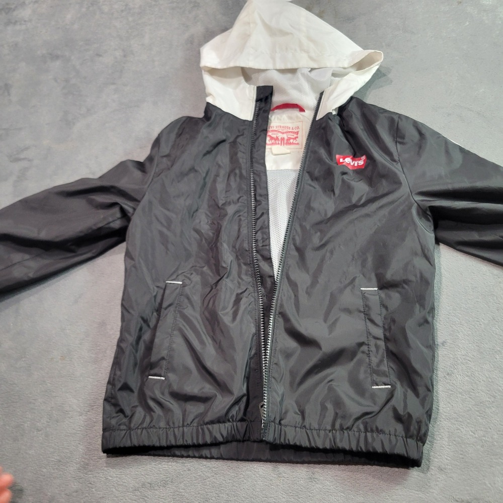 Levi's Windbreaker Jacket Kids Small 10 Black White Colorblock Hooded Logo Sport